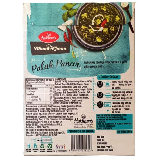 HALDIRAM RTE  PALAK PANEER   1 X 300G