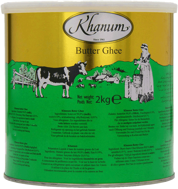 Khanum Ghee de mantequilla en lata 2 kg – Mantequilla clarificada
